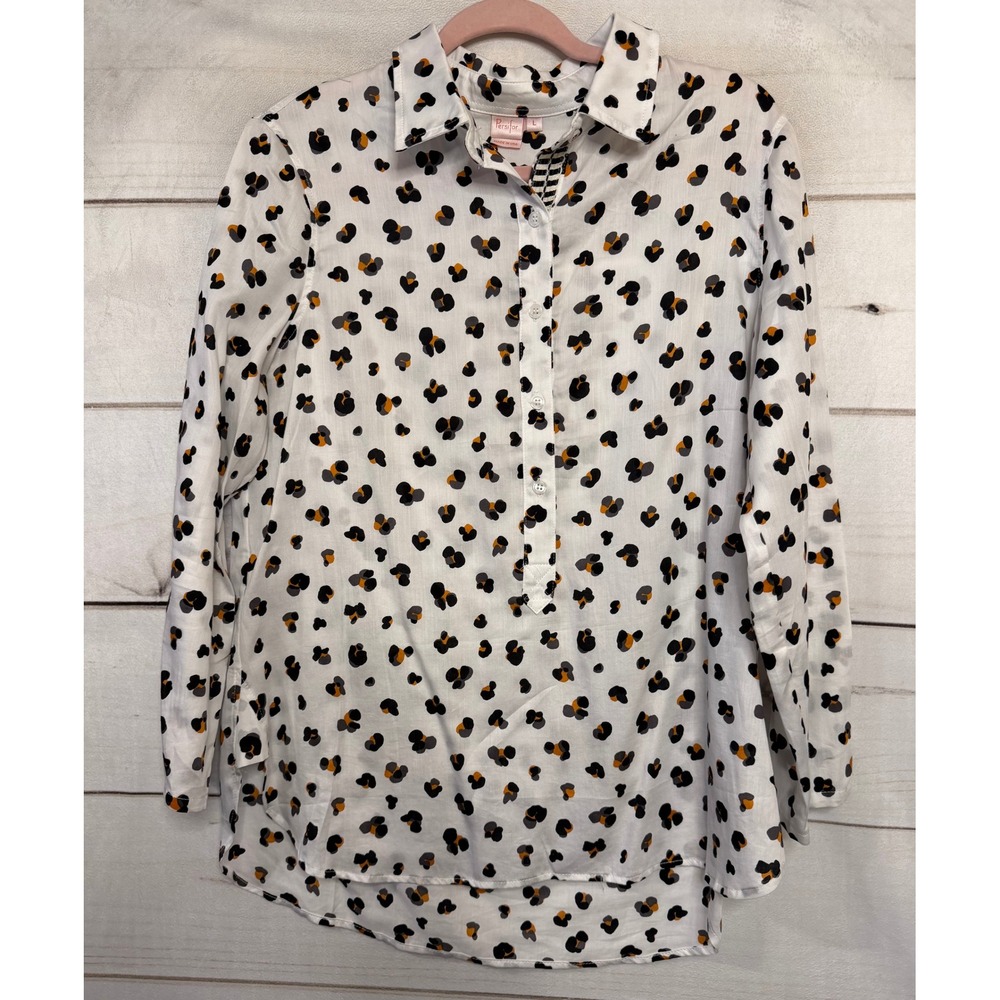 Persifor Womens Leopard Print Tunic Shirt Sz L Button Up Long Sleeve Made in USA